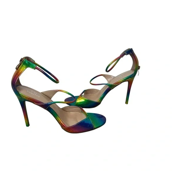 I.D Required Metallic Rainbow Colored Iridescent Strappy Heels Size: 10 Wide - Picture 2 of 8